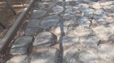 Bir kaldırım taşı yolunda yürüyen kişi, gölgeler bırakır.