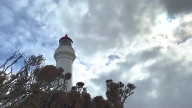 Deniz feneri, kıyı bitkileriyle çevrili bulutlu bir gökyüzüne karşı dimdik ayakta duruyor. Dinamik bir ışık ve sakin bir atmosferle yakalandılar.