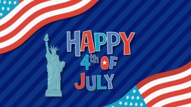 Özgürlük Anıtı, havai fişekler ve Bağımsızlık Günü 'nü dinamik geçişler ve bayram renkleriyle kutlayan Amerikan bayraklarının yer aldığı canlı bir animasyon.