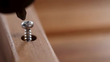 Tahtaya elektrikli matkapla vurulan vidanın detaylı görüntüsü, hassasiyet ve işçiliği vurguluyor.
