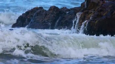 Dinamik okyanus dalgaları, Charlesworth Körfezi Sahili 'nde güpegündüz engebeli kayalara çarpar ve dramatik bir sahil sahnesi yaratır.