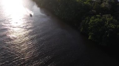 Parlak güneş ışığı altında, yemyeşil yemyeşil bir nehirde yüzen bir sürat teknesinin hava görüntüsü.