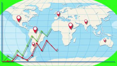 Bir dünya haritası üzerindeki hareketli çizgi grafiği, dinamik hareketler ve canlı renklerle küresel ekonomik eğilimleri gösteriyor