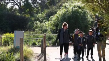 Çocuklar ve yetişkinler hayvanat bahçesinde birlikte yürüyorlar.