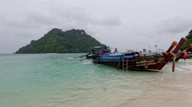 Geleneksel tekneler sakin bir Tayland sahilinde dinleniyor.