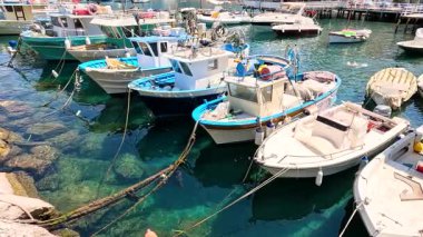 Açık mavi sulara yanaşmış balıkçı tekneleri.