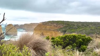 Avustralya 'nın Port Campbell şehrinde bulutlu gökyüzü altında ikonik on iki havarinin kaya oluşumlarını içeren sakin bir kıyı manzarası.