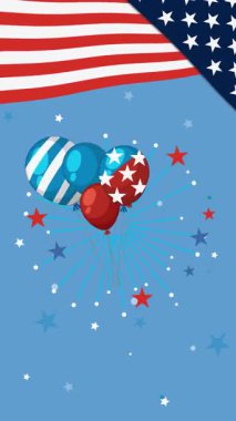 Mavi arka planda balonlar ve havai fişeklerle yapılan neşeli animasyon, 4 Temmuz kutlamalarını vurguluyor.