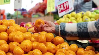 Meyve pazarında portakal seçen kişi