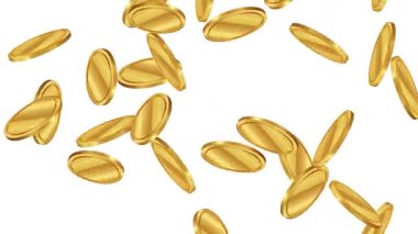 Altın madeni paralar beyaz bir arkaplan üzerinde akışkan hareketler ve pürüzsüz geçişler ile canlı ve çekici bir görsel etki yaratır