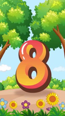 Renkli bir açık hava ortamında çocukların büyük bir 8 numarayla etkileşim halindeki canlı animasyonu