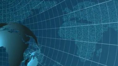 Canlandırılmış küre, kıtaları serin mavi renk şeması ile renklendirerek dijital bir dünya haritası arkaplanı üzerinde döner