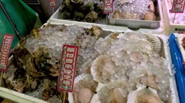 Pazarda buzda çeşitli deniz ürünleri sergileniyor.