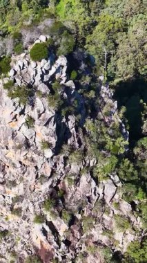 İnsansız hava aracı görüntüleri, parlak güneş ışığı altında verimli ormanlarla çevrili, doğal güzellikleri ve jeolojik oluşumları gösteren engebeli Nimbin Kayalarını yakalar.