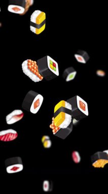 Suşi parçaları siyah bir arkaplanda dalgalanır, canlı renkler ve pürüzsüz geçişlerle eğlenceli ve dinamik bir görsel deneyim yaratır.