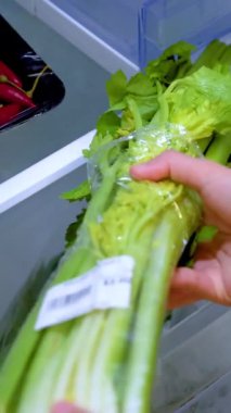 Eller kerevizi ferahlığı sağlamak için buzdolabı çekmecesine koyar. Parlak ışıklandırma, düzenli mutfak ortamını vurgular