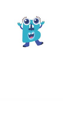 'B' karakteri ve bir arı ile oyuncu animasyon, harf tanıma ve eğlenceli etkileşimi vurguluyor