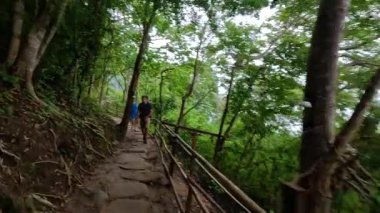 Aile, Tayland, Krabi 'deki yemyeşil patikayı keşfediyor.