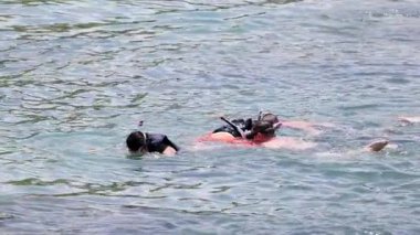 İki şnorkelçi hareketli suları keşfeder, dingin bir suda takım çalışması ve keşif yapar.