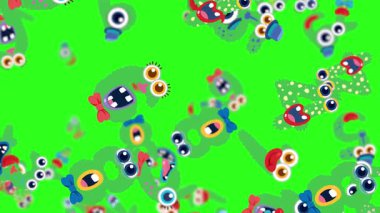 Etkileyici yüzleri olan oyuncu canavarlar dinamik bir şekilde yeşil bir zemin boyunca hareket ederek canlı ve kaprisli bir atmosfer yaratıyorlar.