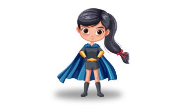 Süper kahraman kostümlü hareketler yapan animasyon kızı.