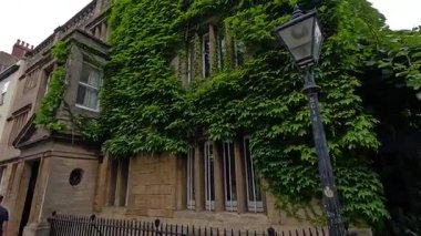 Oxford 'daki sarmaşık kaplı binanın önünden geçen insanlar.