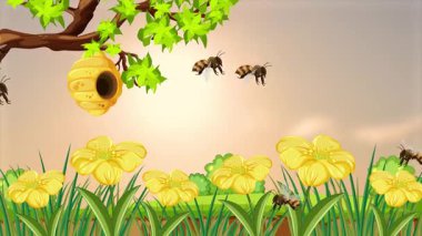 Kovan etrafında uçan arılar ve sarı çiçekler
