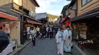 Çeşitli ziyaretçi ve dükkanlarla kalabalık bir pazar caddesi.