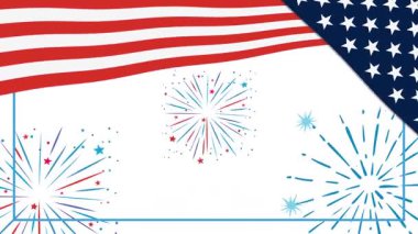 Yıldızlar, çizgiler ve kırmızı, beyaz ve mavi renklerle havai fişeklerle Bağımsızlık Günü 'nün animasyon kutlaması.