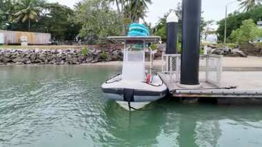 Şişme bir tekne Queensland, Port Douglas 'taki bir marinada geziniyor ve rıhtıma yanaşıyor. Sahne, sakin bir rıhtım ortamını yakalıyor.