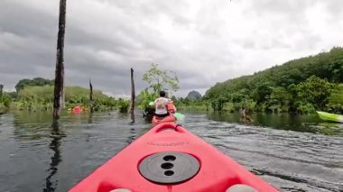 Kayakçılar yemyeşil Krabi 'de manzaralı kanalda yol alırlar.