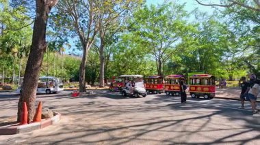 Ziyaretçiler Khao Kheow Açık Hayvanat Bahçesi 'nde bir tramvaya binip toplanıyorlar. Parlak gün ışığı, yemyeşil ve canlı atmosfer sahneyi canlandırır.