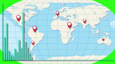 Küresel ekonomik verileri gösteren dinamik çubuk grafikli animasyon dünya haritası. Özellikler konum işaretleyicileri ve yeşil ekran arkaplanı