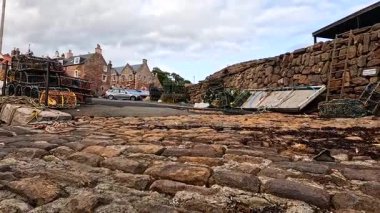 Arkasında tarihi binalar olan taş patika.