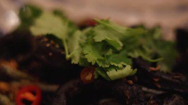 Lezzetli kalamar mürekkebi. Taze kişniş ile süslenmiş.