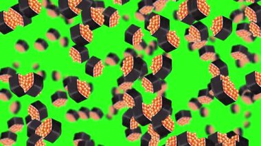 Suşi parçaları canlı yeşil bir zemine düşüyor.