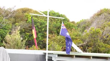 Avustralya ve Aborjin bayrakları verimli yeşilliklere karşı rüzgarda dalgalanıyor. Parlak gün ışığı canlı renkleri ve doğal ortamı vurgular.