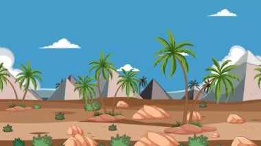 Piramitler ve palmiyelerle canlandırılmış çöl sahnesi