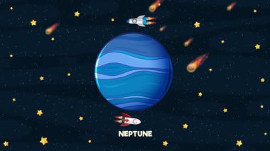Canlandırılmış uzay aracı Neptün 'ün yörüngesinde yıldızlar ve meteorlar arasında, kozmik bir ortamda dinamik hareketler ve canlı renkler sergiliyor.