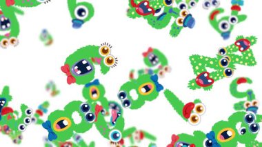 Büyük gözleri ve neşeli ifadeleri olan renkli yeşil canavarlar dinamik bir şekilde beyaz bir arka plana doğru hareket ederek canlı ve tuhaf bir atmosfer yaratıyorlar.