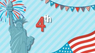Özgürlük Anıtı 'nın dinamik animasyonu, havai fişekler ve Bağımsızlık Günü' nü canlı renkler ve neşeli unsurlarla kutlayan Amerikan bayrakları.