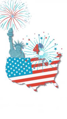 ABD haritasının havai fişekler ve Özgürlük Anıtı ile Bağımsızlık Günü 'nü kutlayan dinamik bir animasyonu.