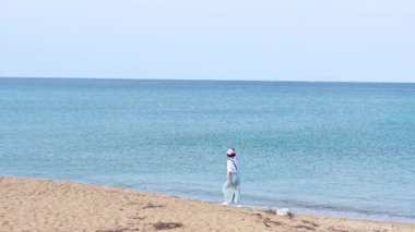 İniş için yaklaşan bir uçakla sakin bir sahil sahnesi, açık gökyüzü ile gün ışığında yakalanmış.