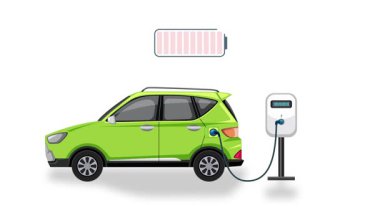 Beyaz zemin üzerinde% 5 'ten% 100' e kadar yeşil elektrikli araba şarjı, pil ilerlemesini ve şarj sürecini gösteriyor