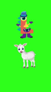 Canlı yeşil bir arka planda L harfini gösteren renkli bir canavar ve bir kuzuyla neşeli bir animasyon.