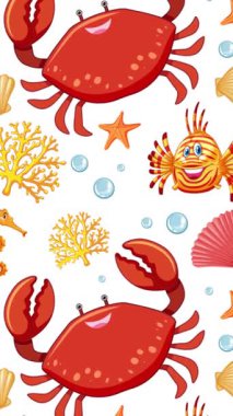 Yengeçlerin ve deniz canlılarının canlı animasyonları dinamik hareketler ve neşeli ruh halleriyle renkli arka planlarda geçiş yapıyorlar.