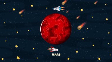 Canlandırılmış uzay aracı dinamik hareketler ve canlı görsellerle dolu renkli bir kozmik sahnede Mars 'ın yörüngesinde döner.