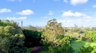İnsansız hava aracı görüntüleri, Altın Sahil 'in canlı yeşilliğini ve berrak mavi gökyüzünün altında gökyüzünü yakalıyor, kentsel ve doğal uyumu gösteriyor.
