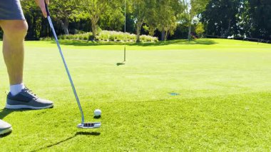 Golfçü topu güneşli sahada deliğe atıyor.