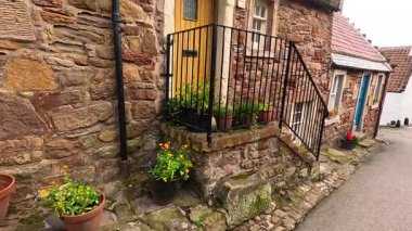 Renkli kapıları ve bitkileri olan tuhaf binalar.